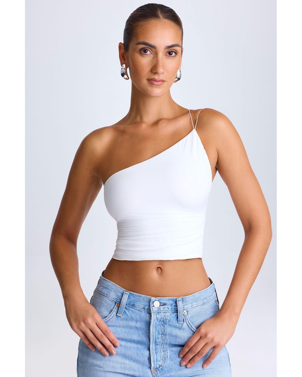 Oh Polly White One-Shoulder Lace-Up Top