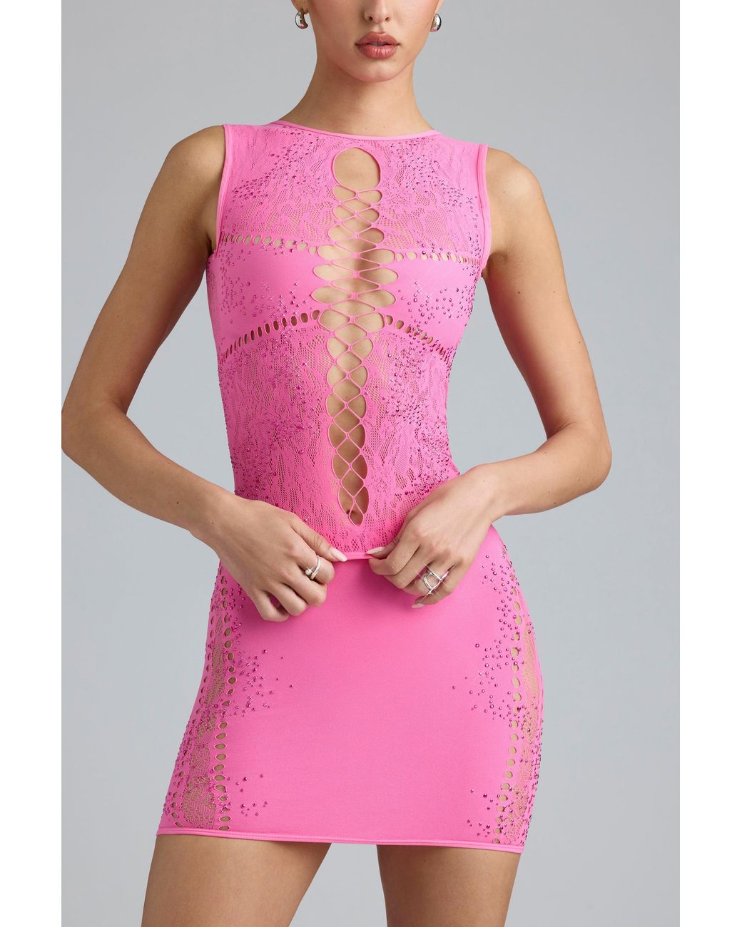 Oh Polly Pink Embellished Lace-Up High-Neck Top