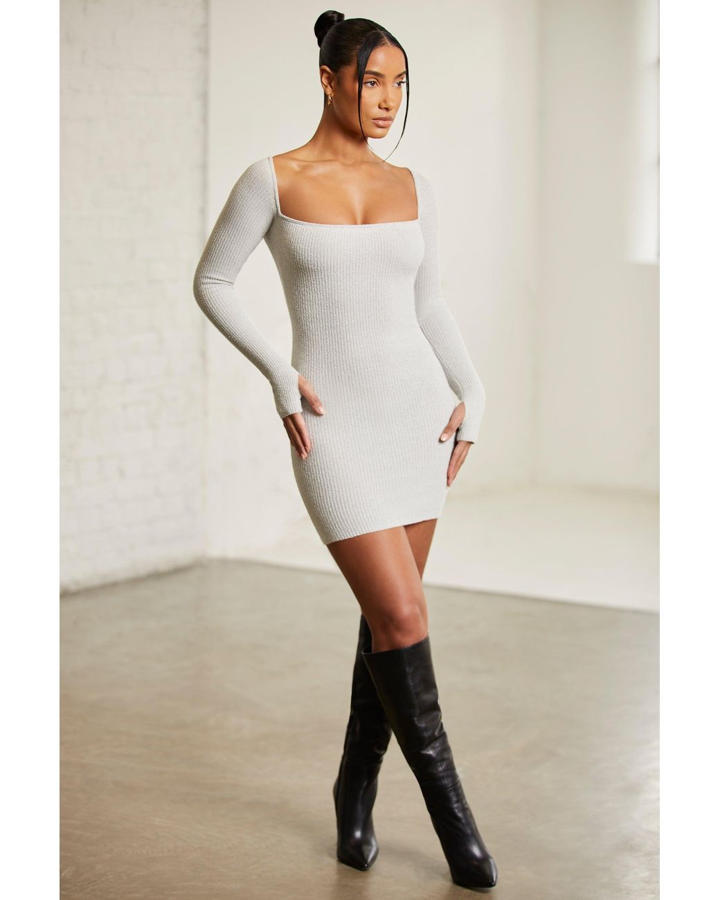 Oh Polly Gray Long Sleeve Square Neck Mini Dress