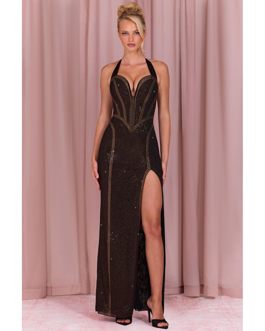 Oh Polly Multicolor Embellished Halterneck Maxi Dress