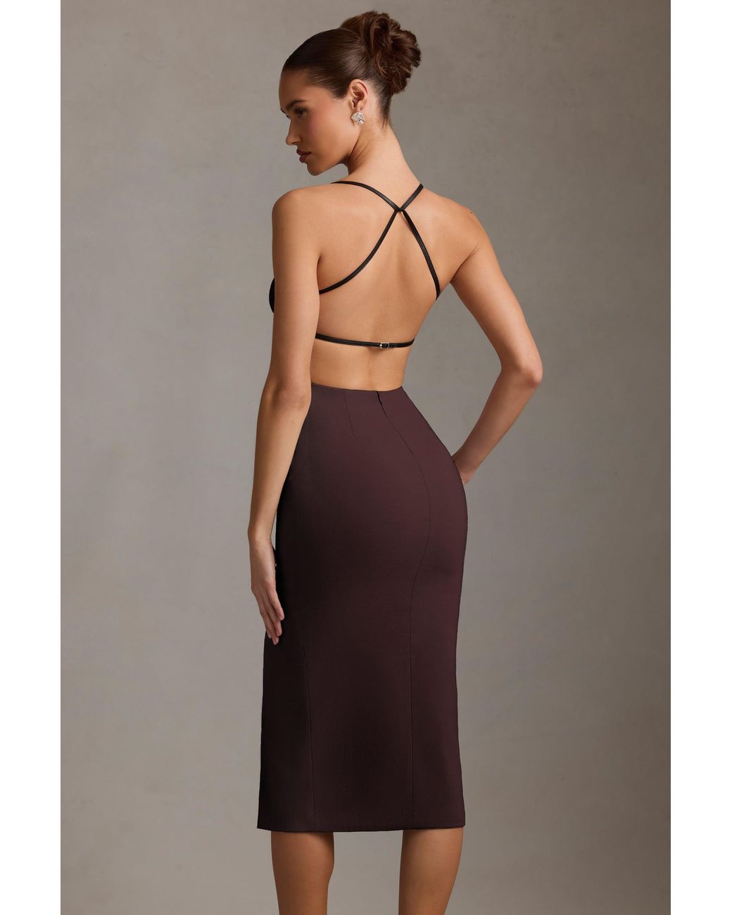 Oh Polly Brown Plunge-Neck Backless Midaxi Dress