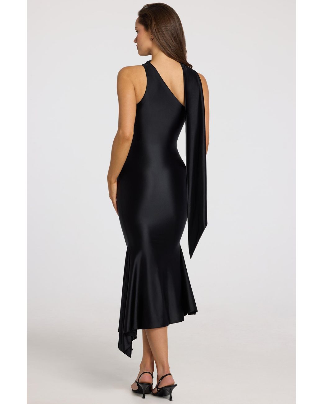 Oh Polly Black Asymmetric Scarf-Detail Midaxi Dress