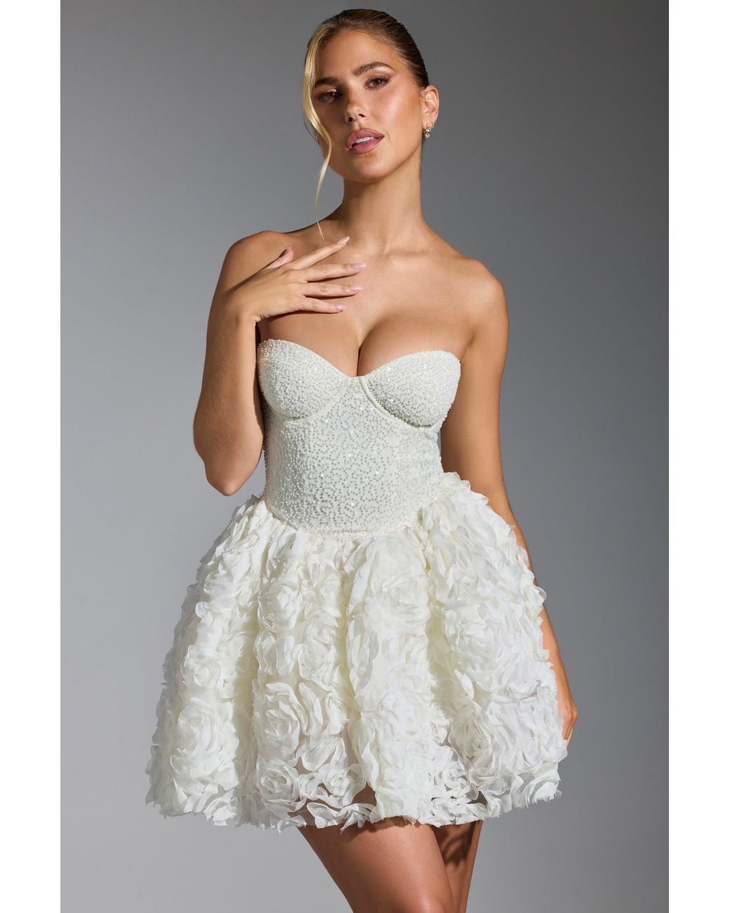 Oh Polly White Embellished Floral-Appliqué Lace-Up Mini Dress