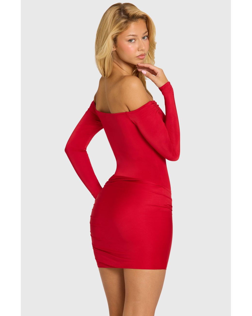 Oh Polly Red Off-Shoulder Long-Sleeve Mini Dress