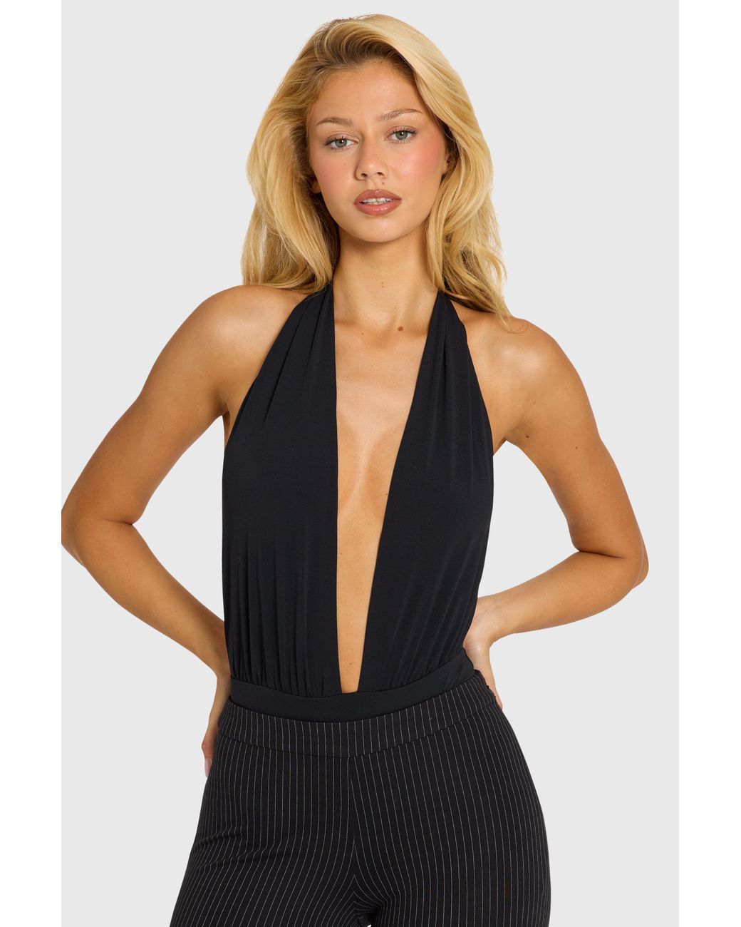 Oh Polly Black Plunge Halterneck Bodysuit