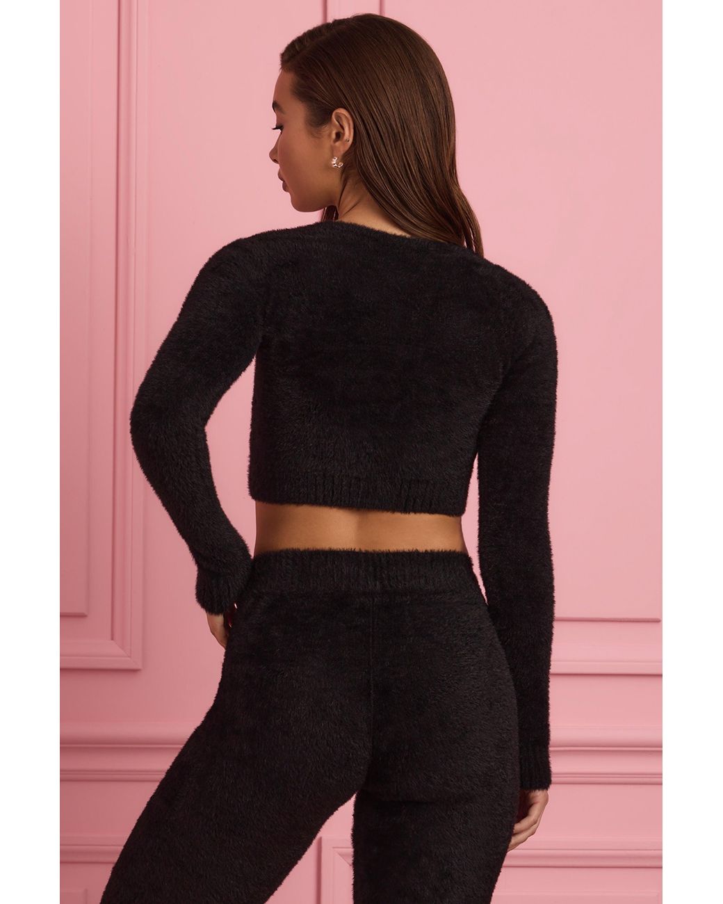 Oh Polly Black Fluffy Knit Cropped Cardigan