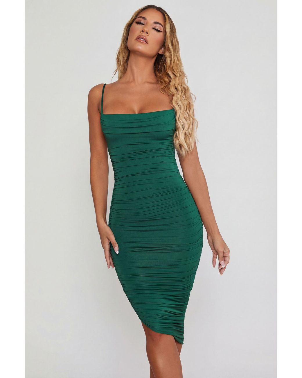 Oh Polly Green Cowl Neck Ruched Bodycon Midi Dress