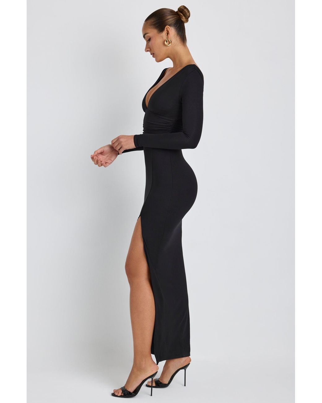 Oh Polly Black Modal Plunge Neck Long Sleeve Maxi Dress