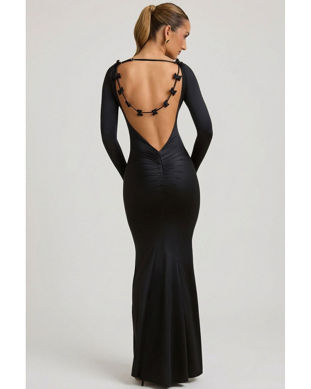 Oh Polly Black Bow-Detail Ruched Maxi Dress