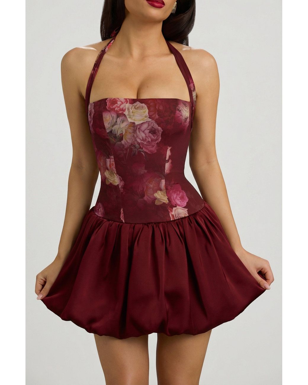 Oh Polly Multicolor Halterneck Lace-Up Bubble Hem Mini Dress
