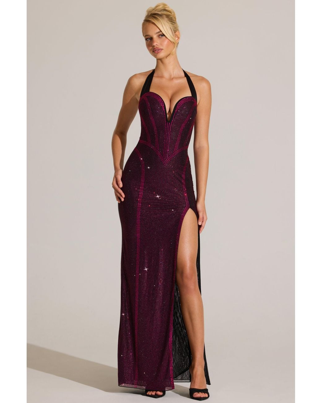 Oh Polly Pink Embellished Halterneck Maxi Dress