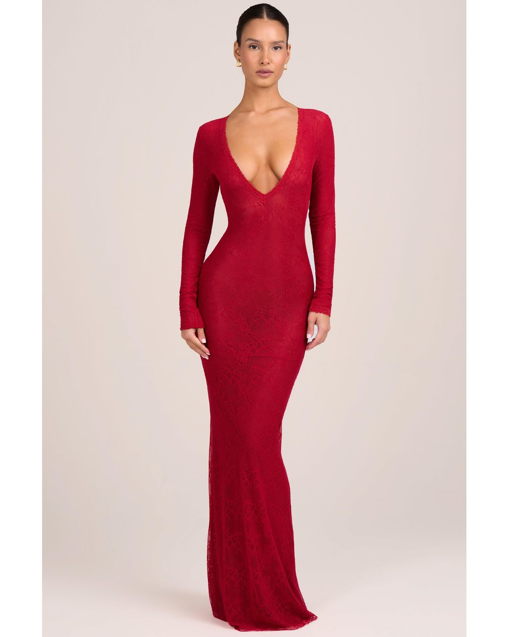Oh Polly Red Lace Long-Sleeve Maxi Dress