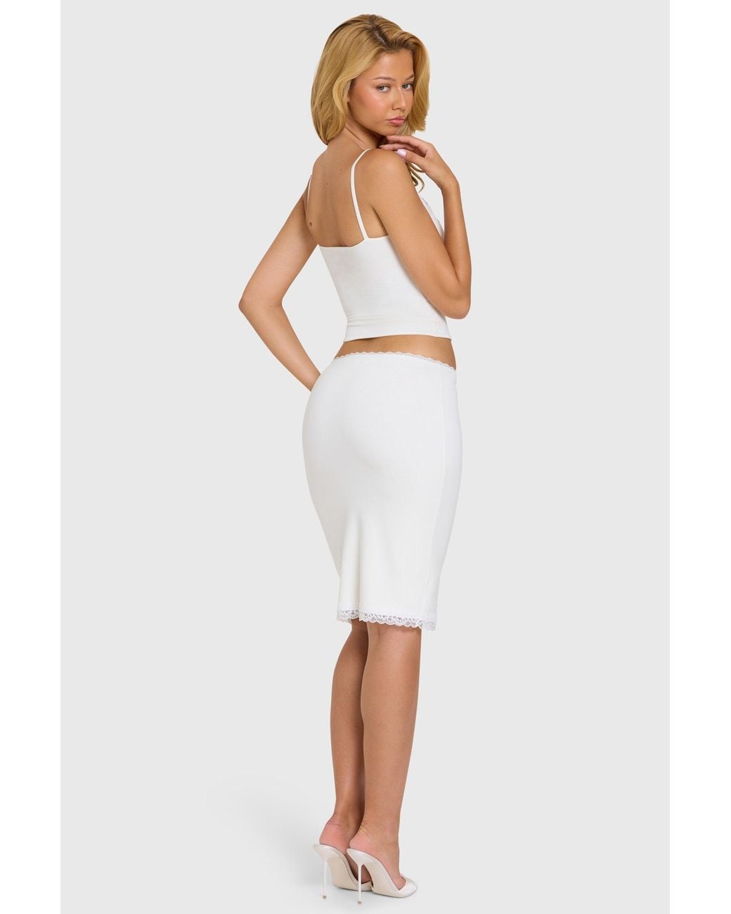 Oh Polly White Modal Lace-Trim Midi Skirt