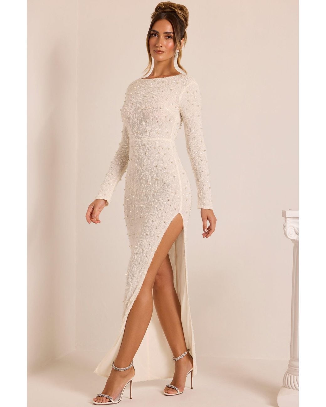 Oh Polly White Embellished Long Sleeve Backless Maxi Dress