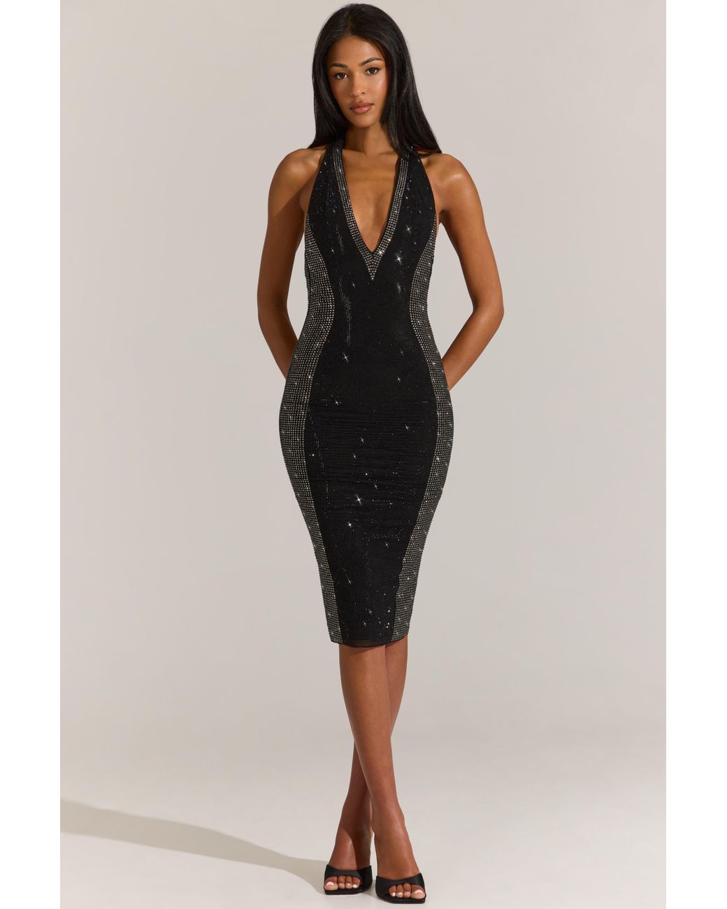Oh Polly Black Embellished Plunge Halterneck Midi Dress