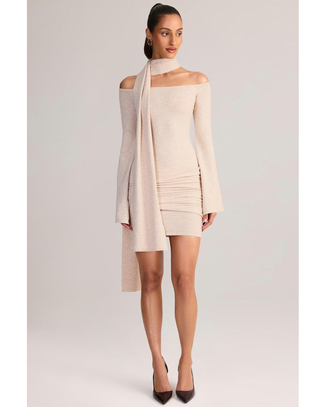 Oh Polly White Knit Scarf-Detail Off-Shoulder Mini Dress