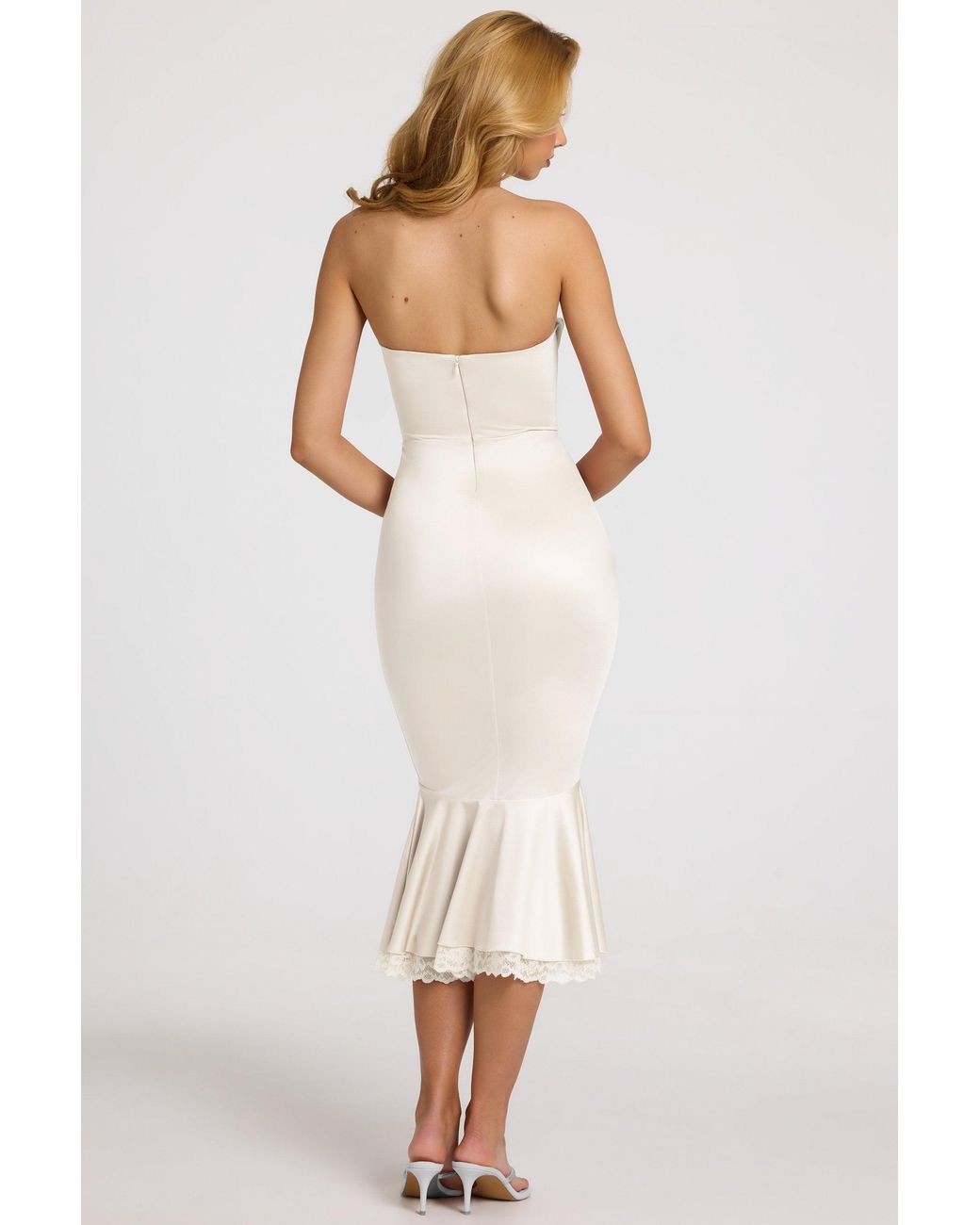 Oh Polly White Satin Lace-Trim Bandeau Fluted Midaxi Dress