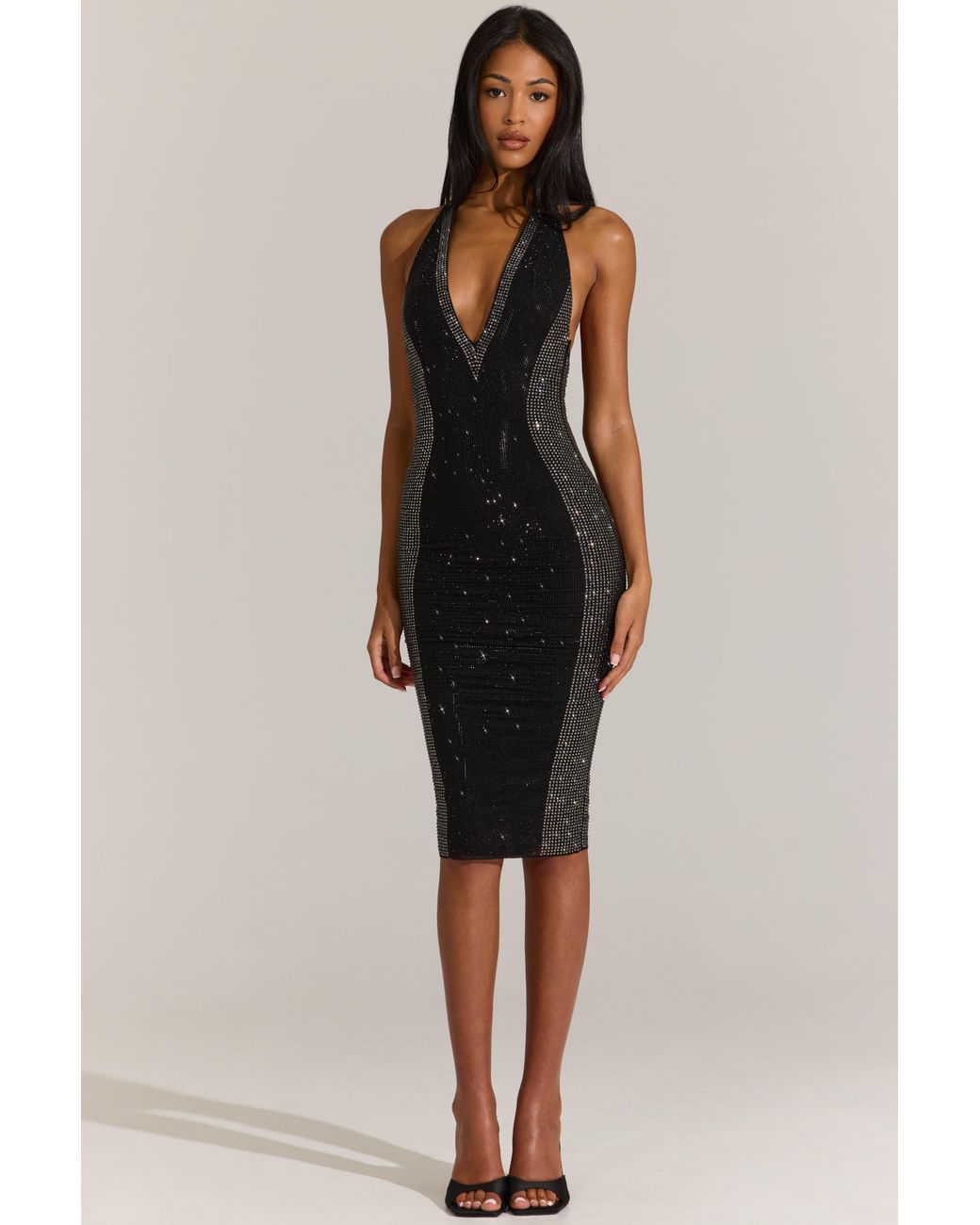 Oh Polly Black Embellished Plunge Halterneck Midi Dress
