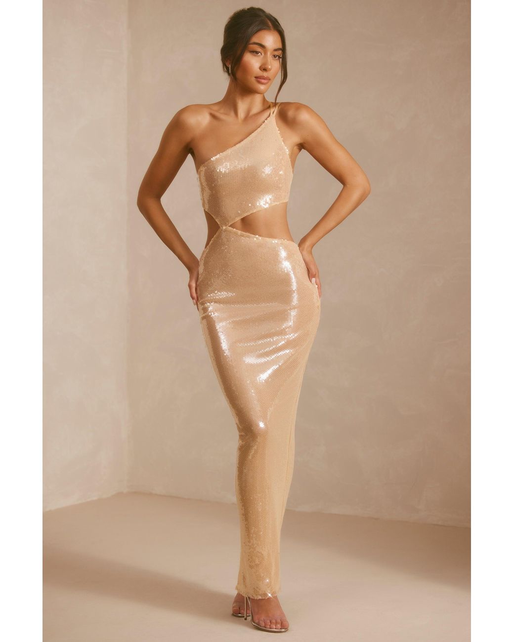 Oh Polly Natural Sheer Sequin One Shoulder Cut Out Maxi Dress
