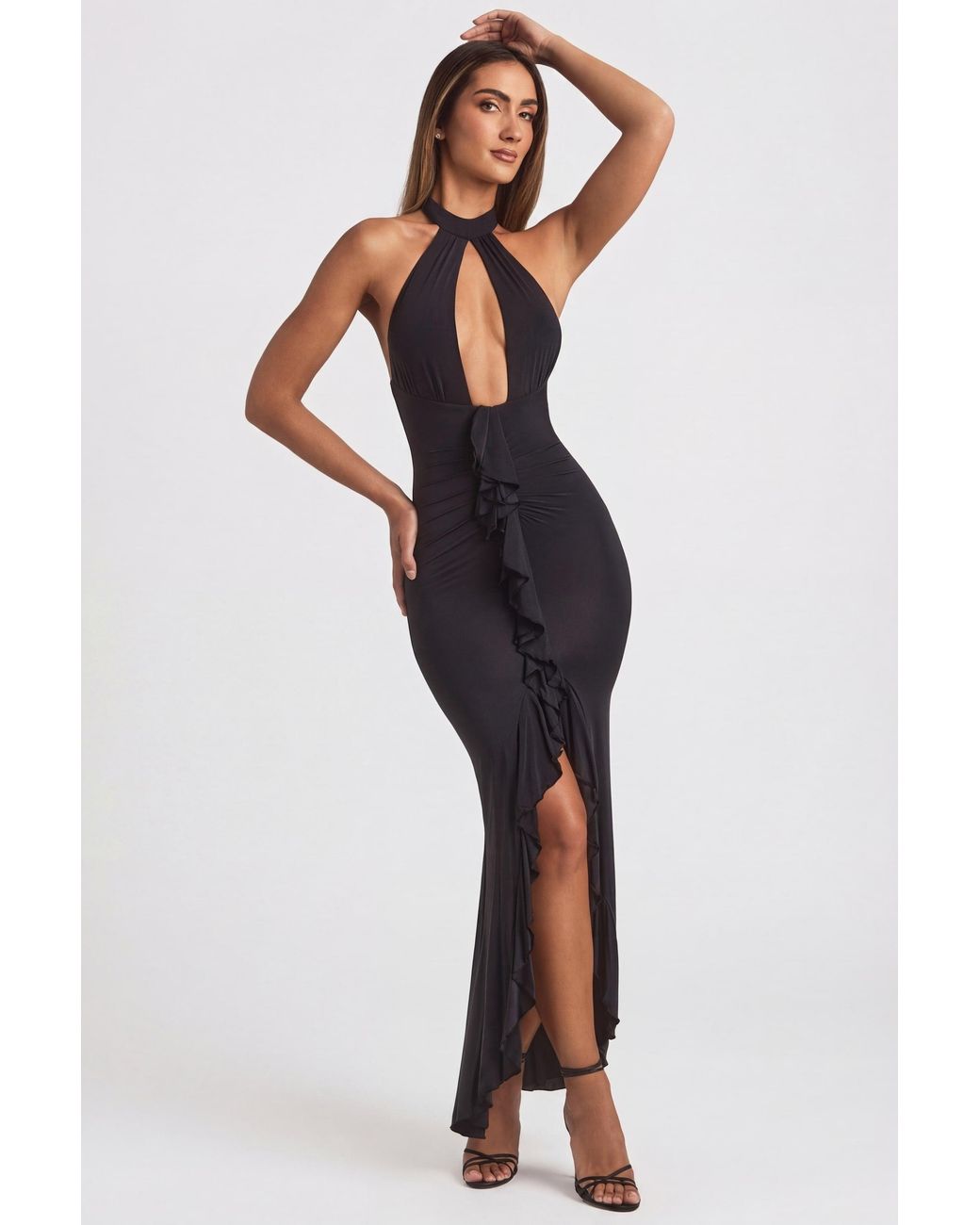 Oh Polly Black Ruffle-Trim Halterneck Gown
