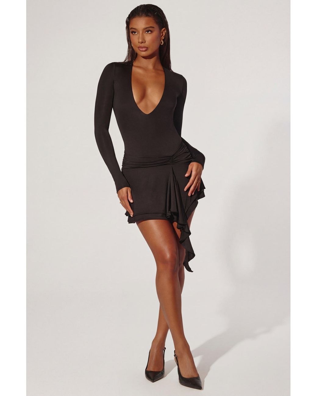 Oh Polly Black Plunge Neck Long Sleeve Mini Dress