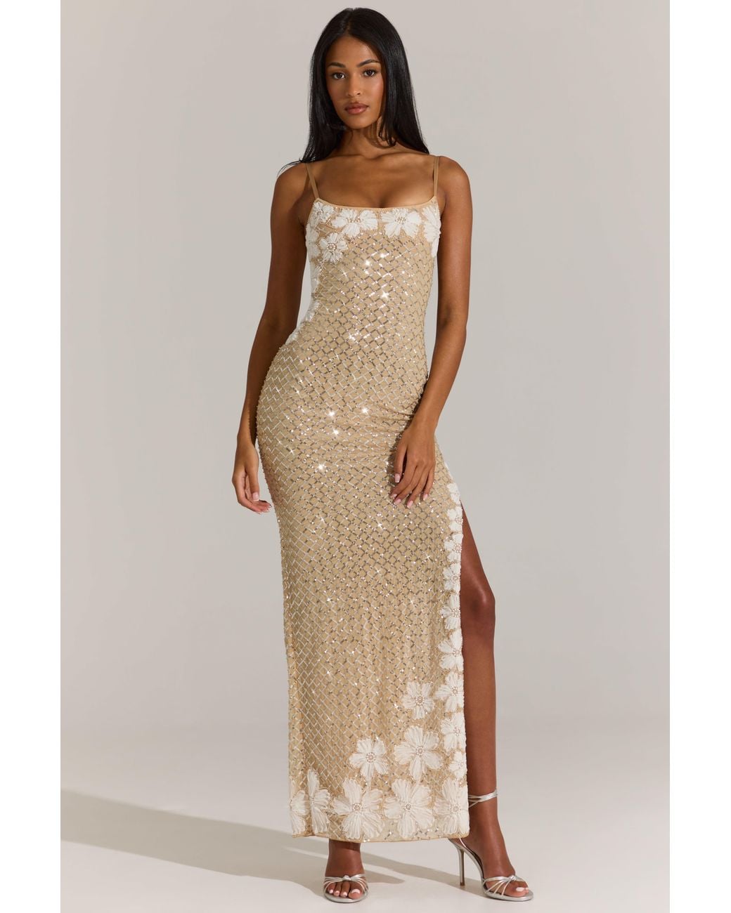Oh Polly Metallic Embellished Square-Neck Maxi Dress