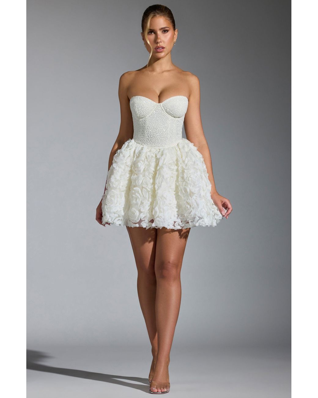 Oh Polly White Embellished Floral-Appliqué Lace-Up Mini Dress