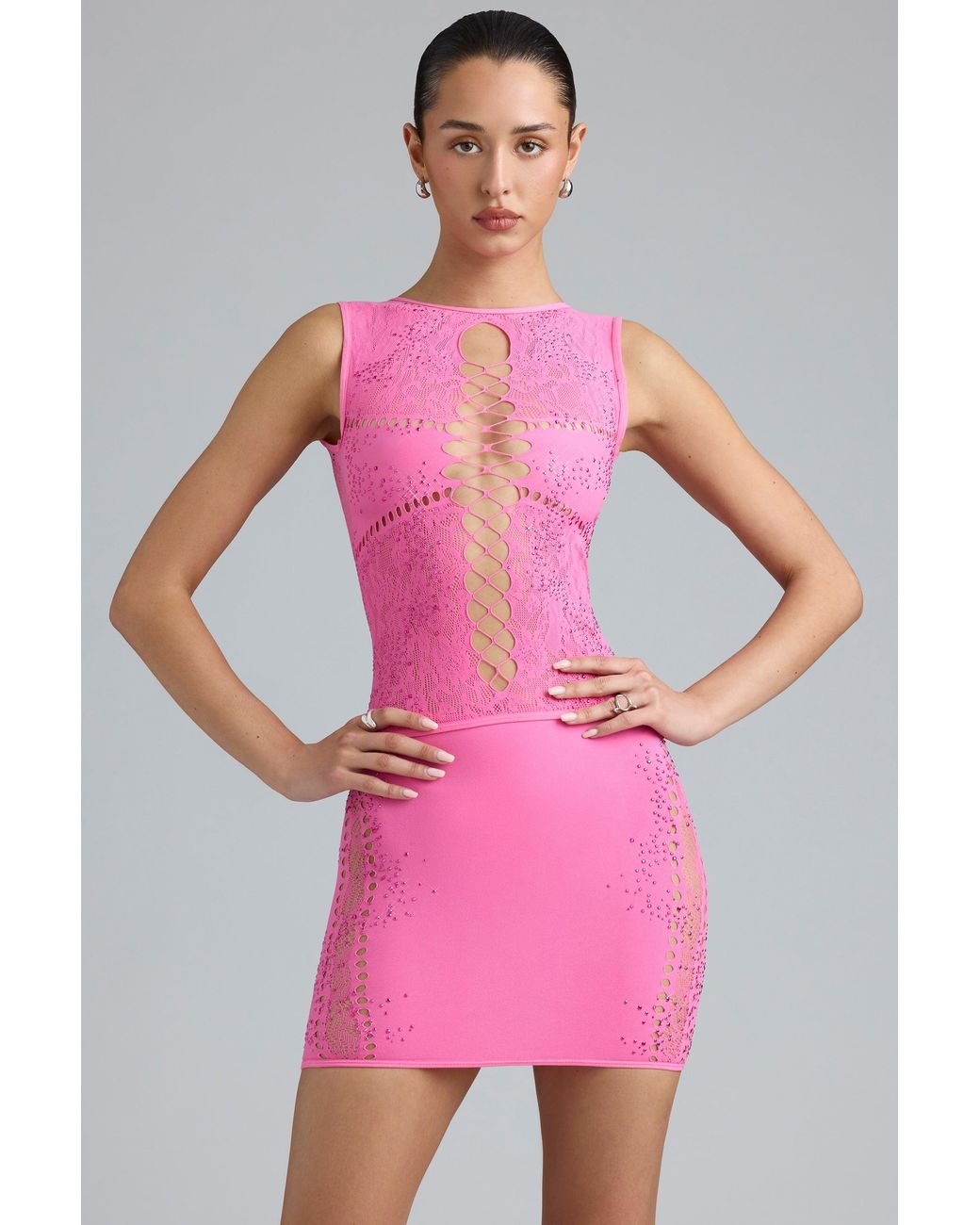 Oh Polly Pink Embellished Lace-Up High-Neck Top