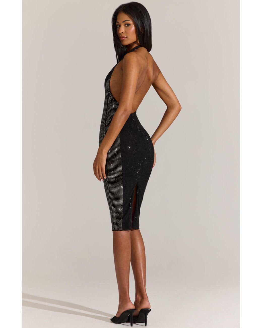 Oh Polly Black Embellished Plunge Halterneck Midi Dress