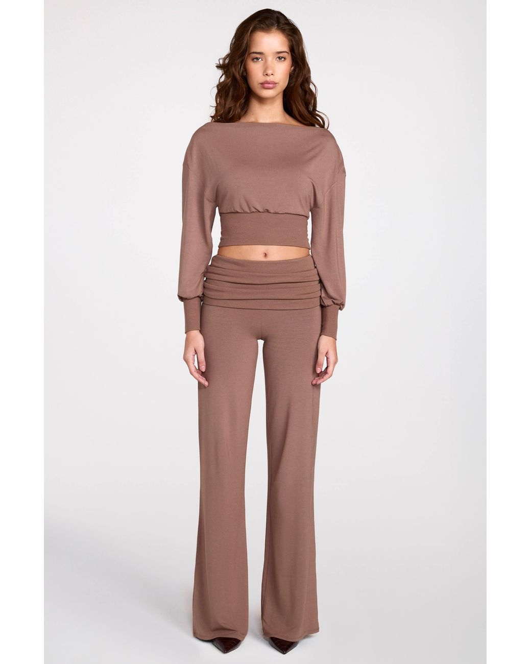 Oh Polly Brown Modal Low-Rise Straight-Leg Trousers