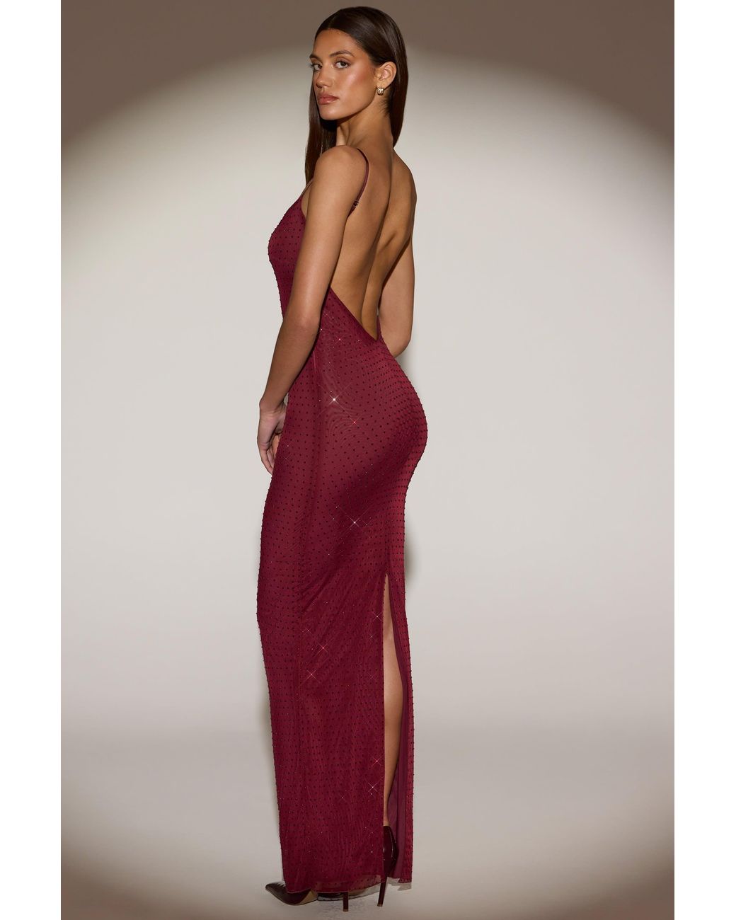 Oh Polly Red Sheer Embellished Backless Maxi Dress