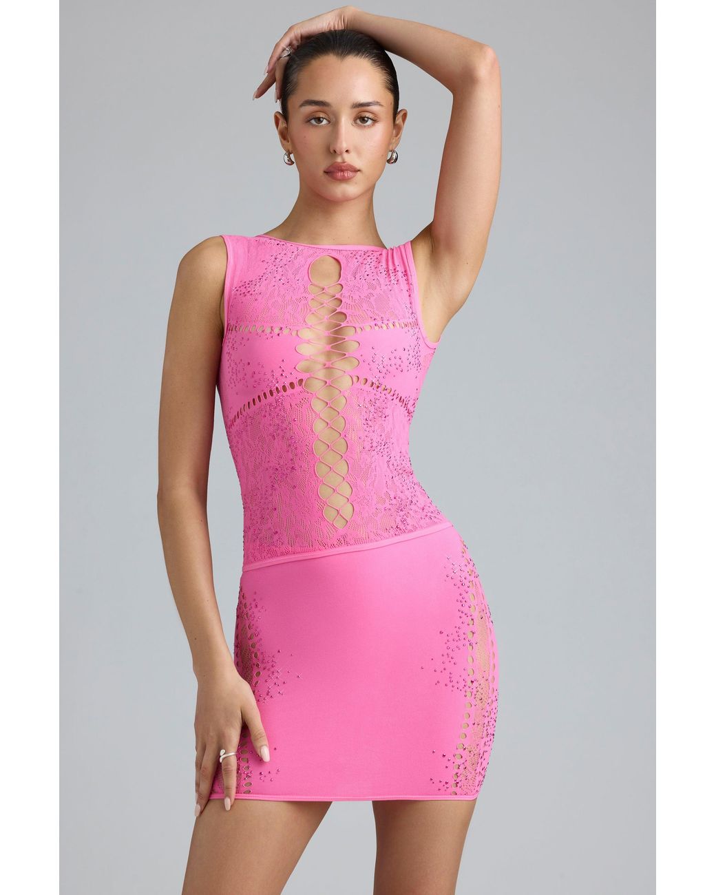 Oh Polly Pink Embellished Mid-Rise Mini Skirt