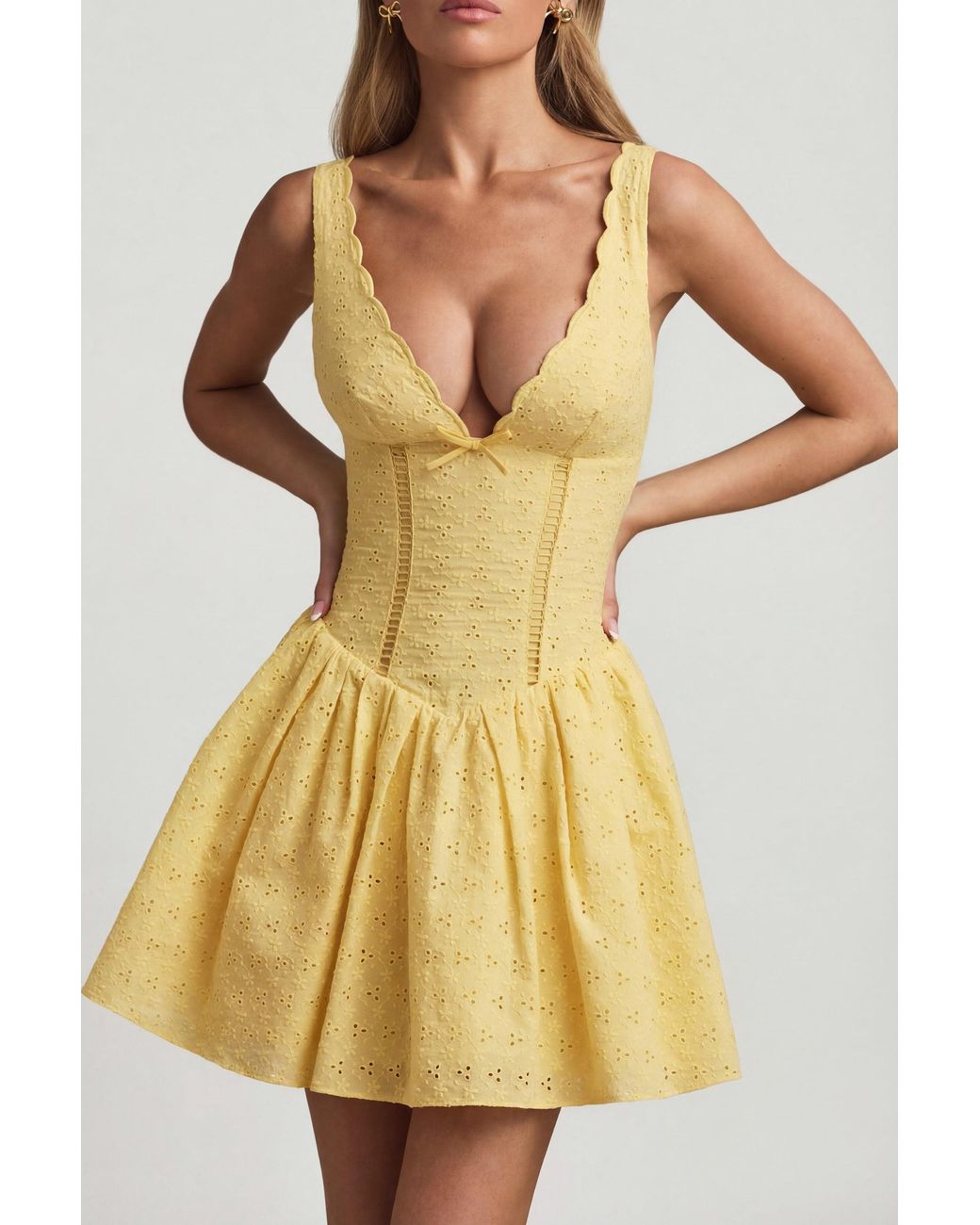 Oh Polly Yellow Broderie Anglaise Bow-Detail A-Line Mini Dress