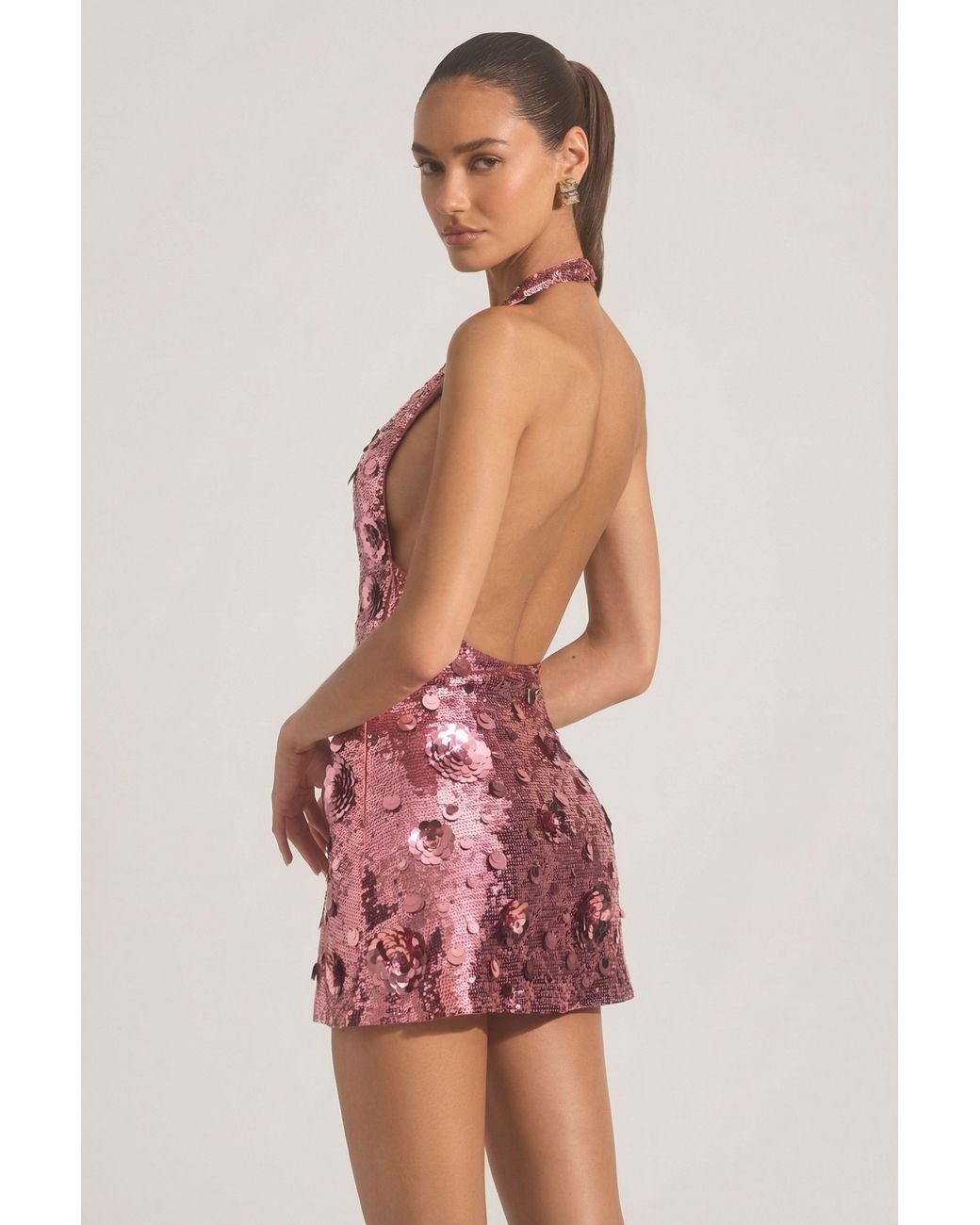 Oh Polly Pink Sequin-Embellished Halterneck Mini Dress