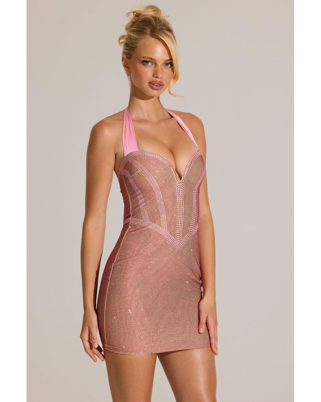 Oh Polly Pink Embellished Halterneck Mini Dress