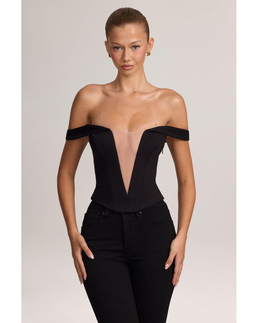 Oh Polly Black Ponte Bardot Corset Top
