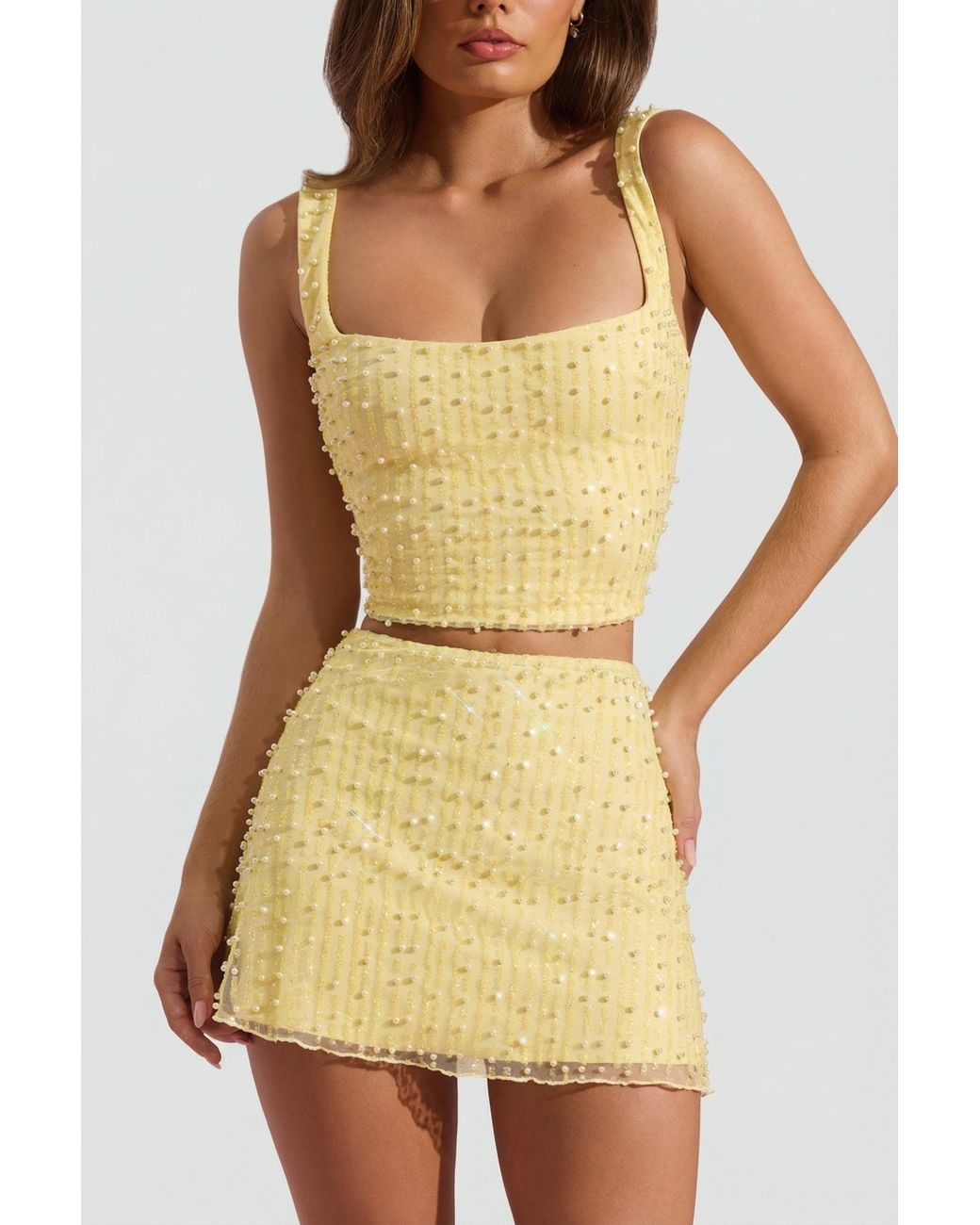 Oh Polly Yellow Embellished Square-Neck Crop Top