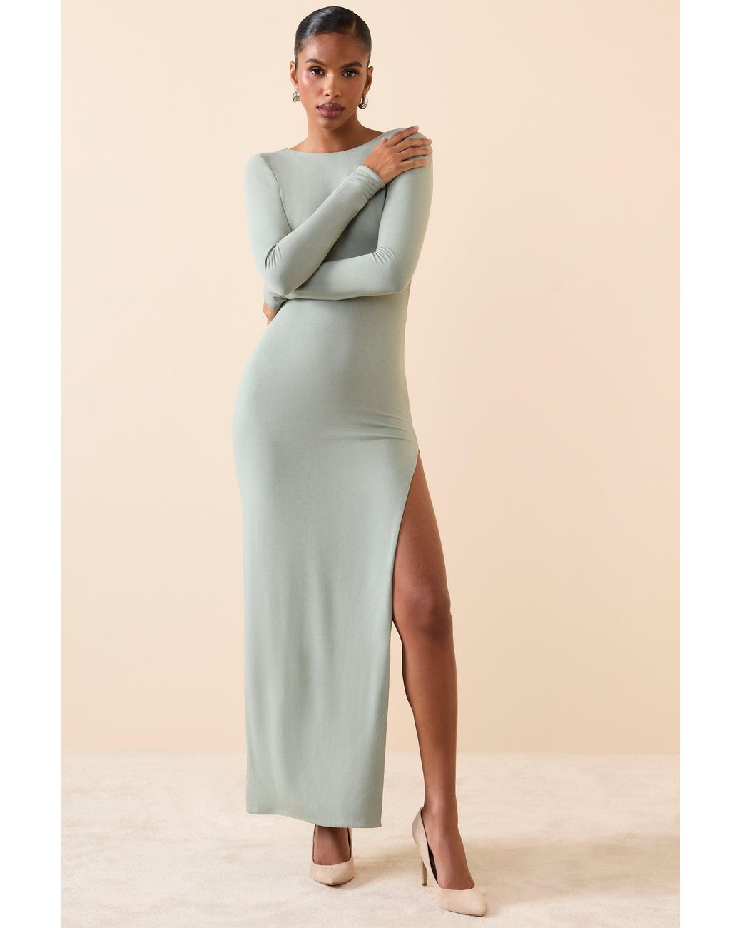 Oh Polly Green Long Sleeve Backless Maxi Dress