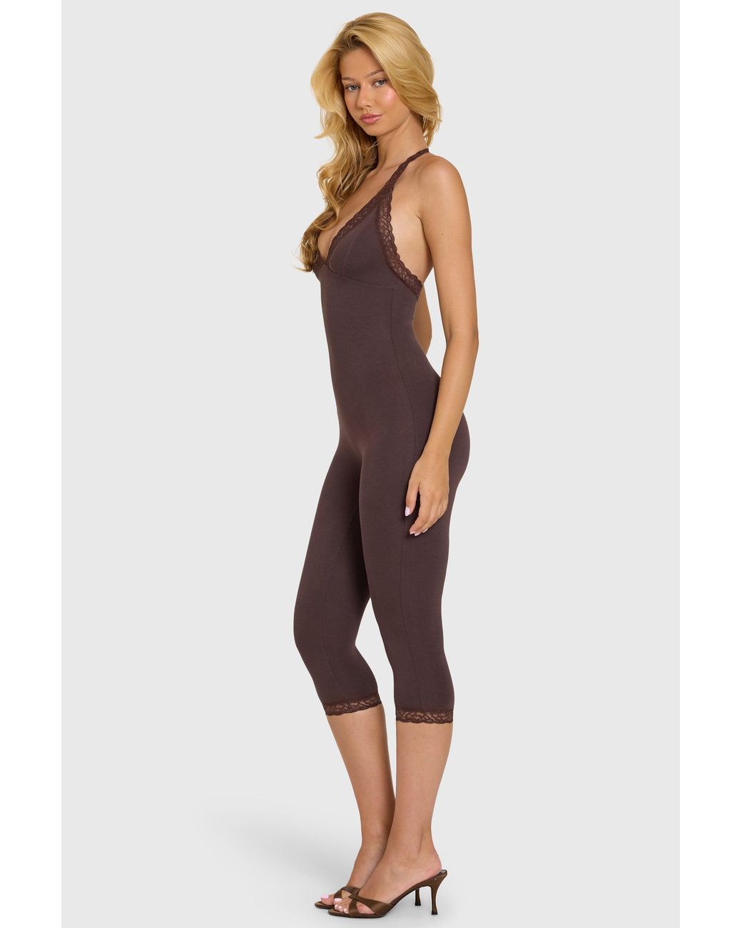 Oh Polly Brown Modal Lace-Trim Capri Jumpsuit