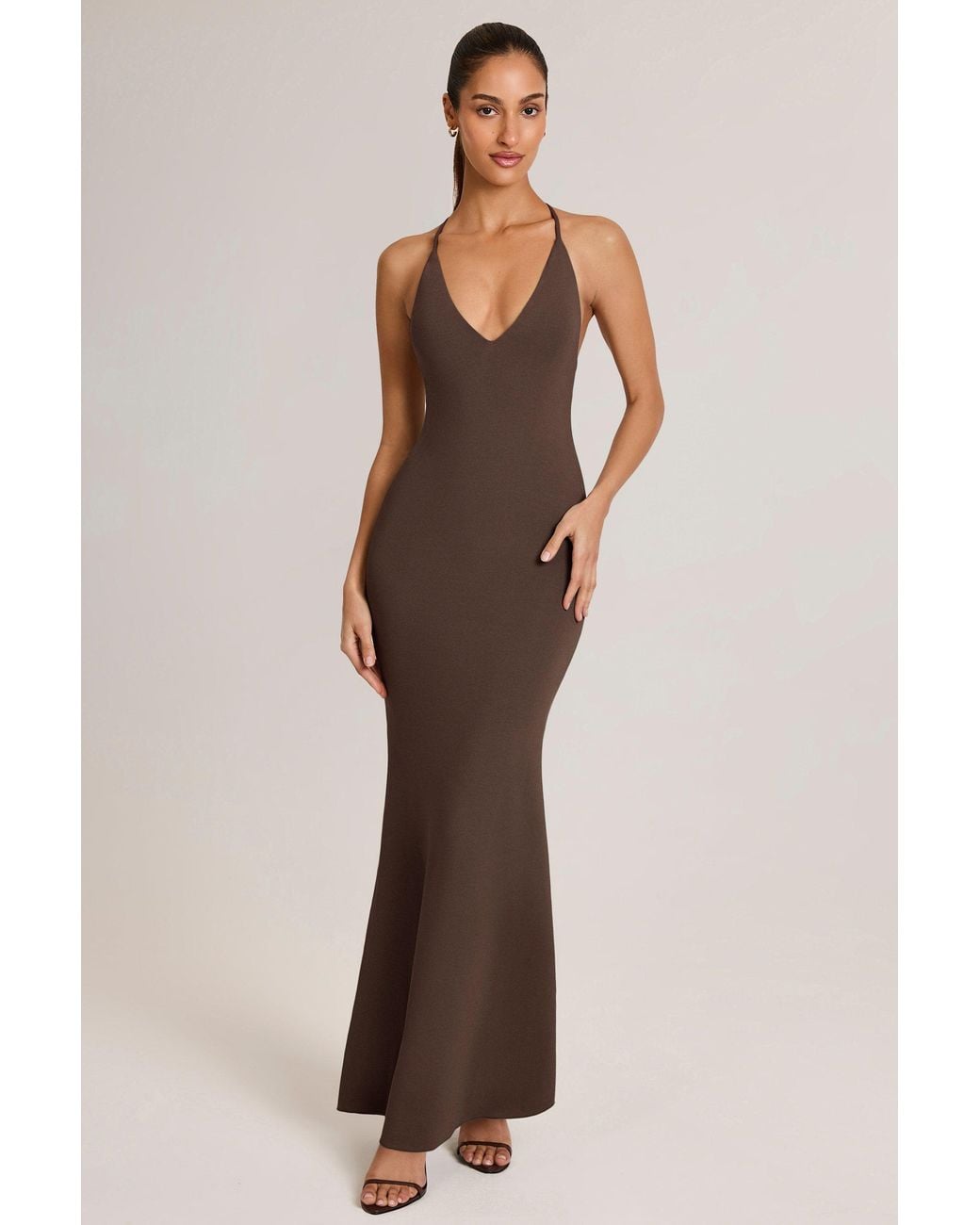 Oh Polly Brown Modal Plunge Backless Maxi Dress