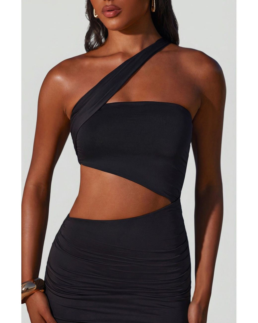 Oh Polly Black Asymmetric Neckline Ruched Cut Out Maxi Dress