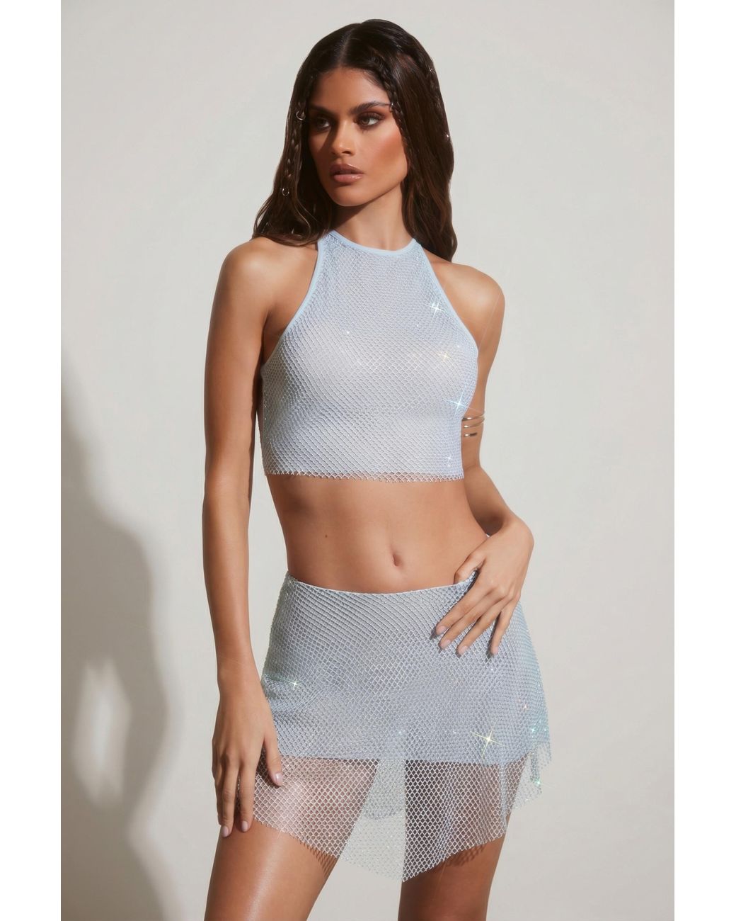 Oh Polly Blue Embellished Mid Rise Mini Skirt