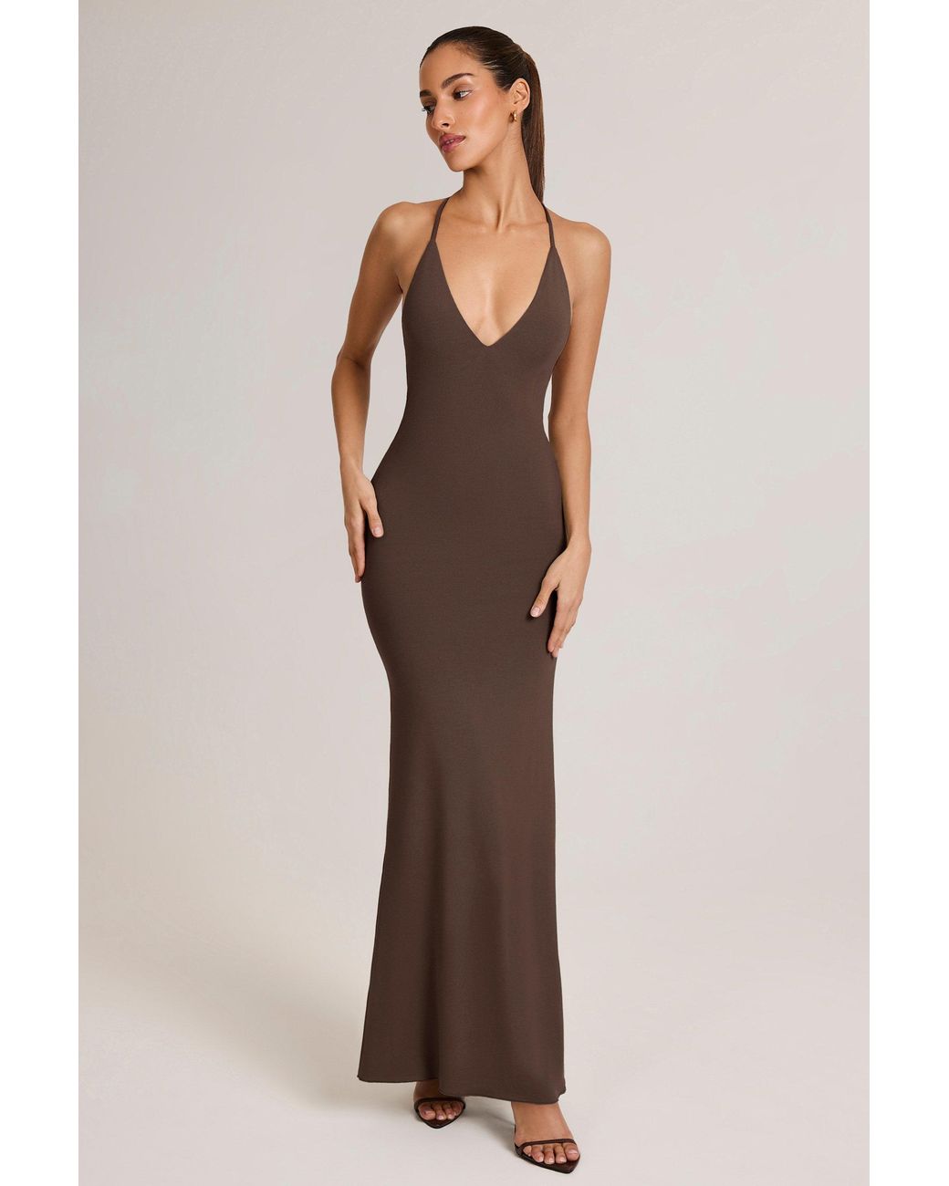 Oh Polly Brown Modal Plunge Backless Maxi Dress