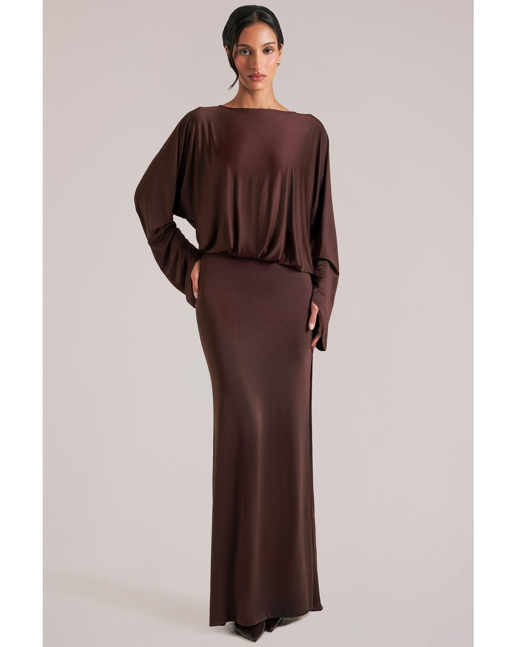 Oh Polly Brown Long-Sleeve Draped Maxi Dress