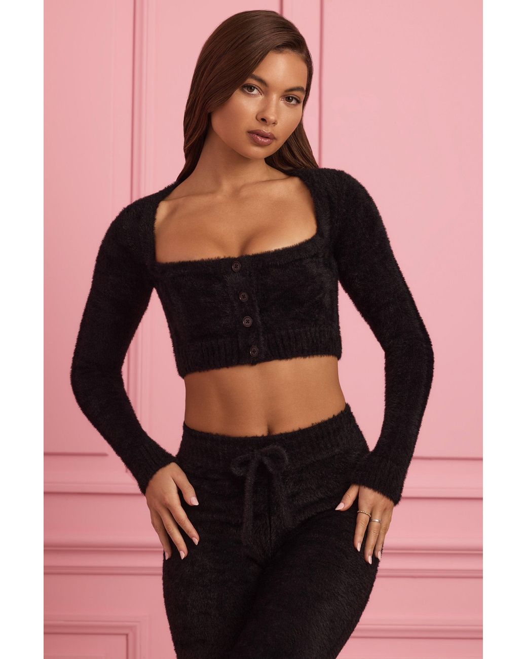Oh Polly Black Fluffy Knit Cropped Cardigan