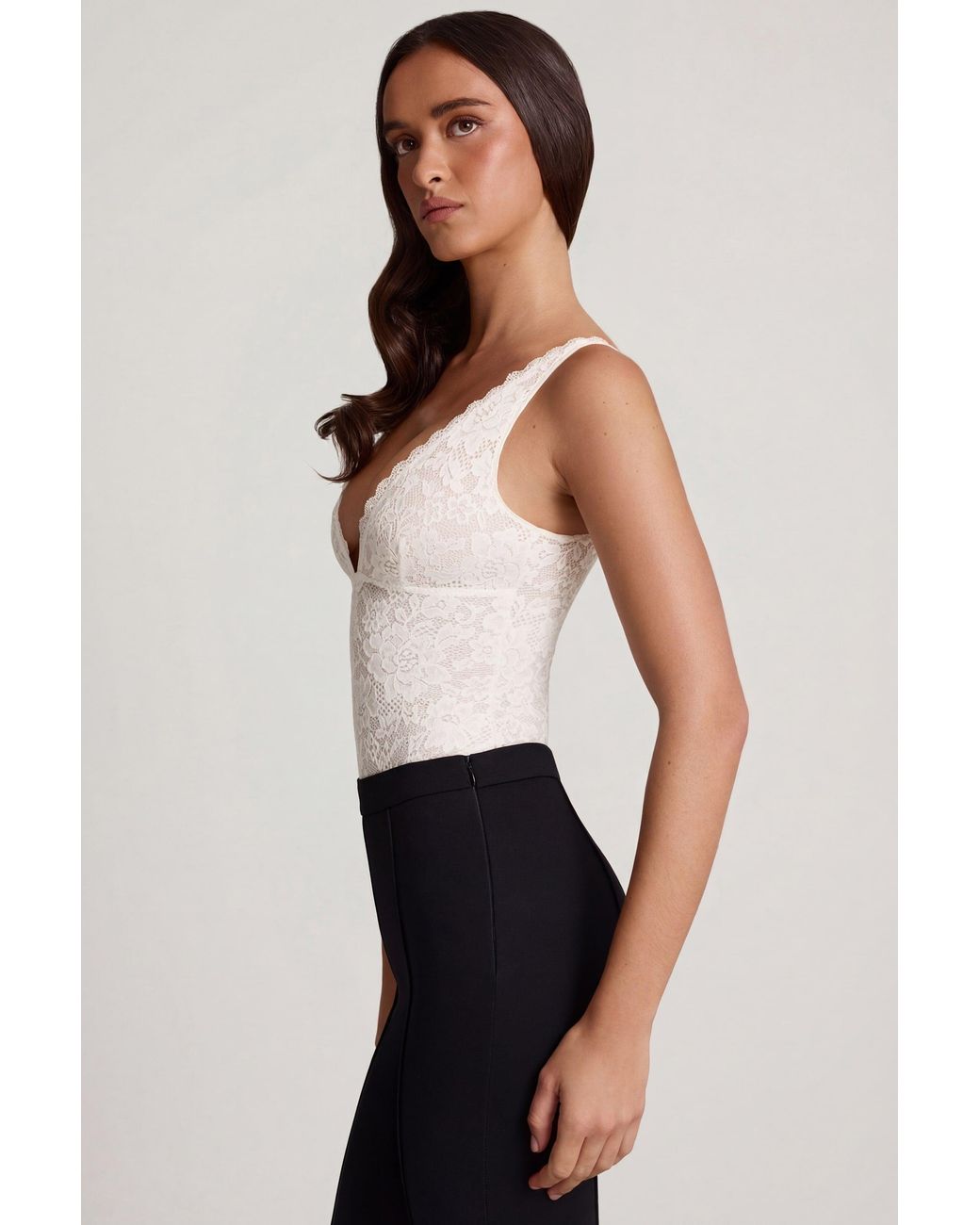 Oh Polly White Sheer Lace Scalloped Plunge-Neck Bodysuit