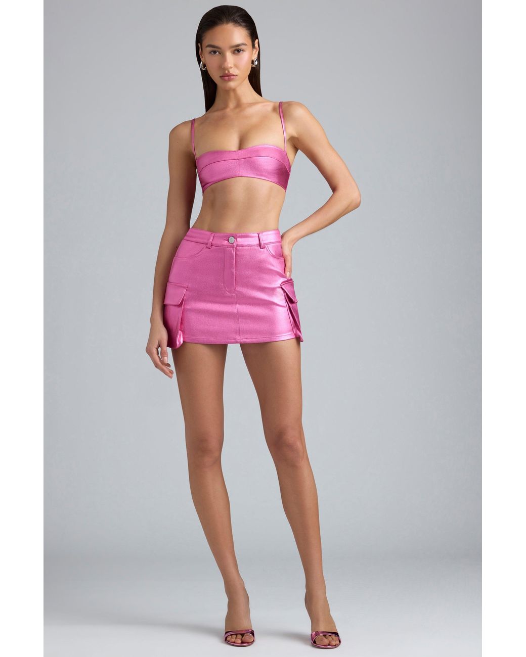 Oh Polly Pink Metallic Denim Mid-Rise Cargo Mini Skirt