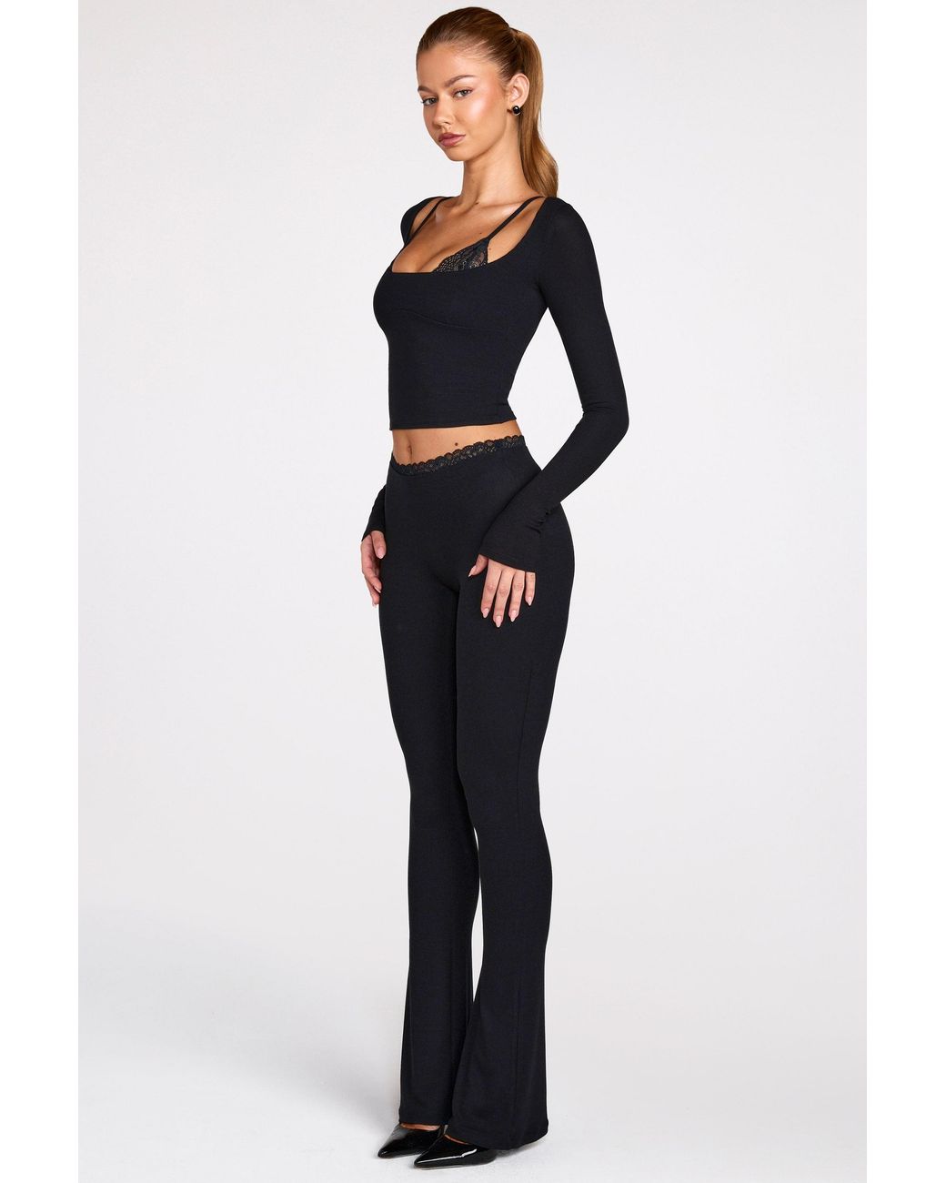 Oh Polly Black Modal Mid-Rise Flared Trousers