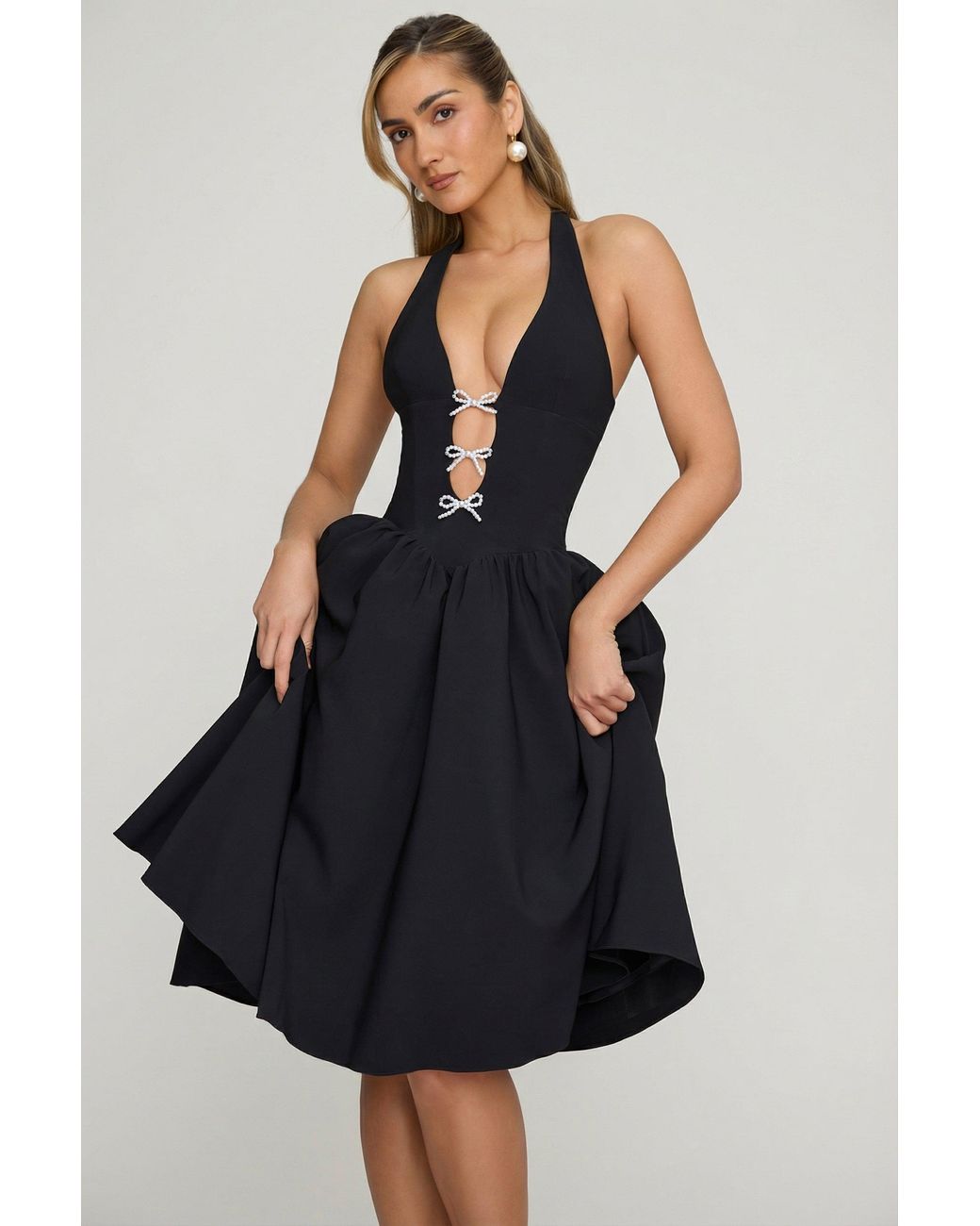 Oh Polly Black Halterneck Bow-Detail Midi Dress