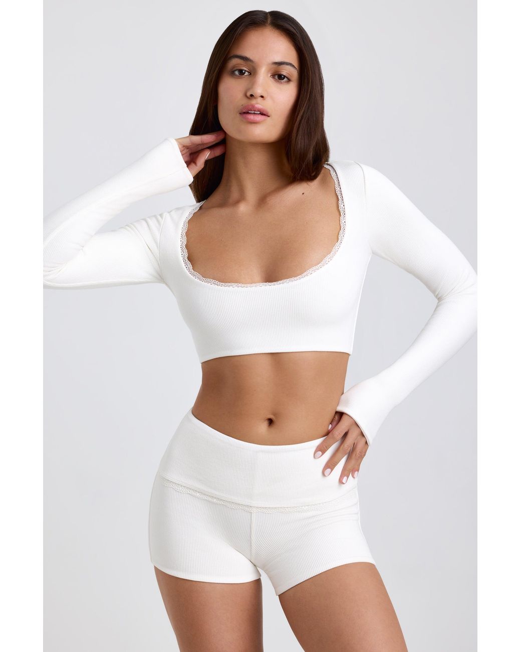 Oh Polly White Ribbed Modal Lace-Trim Crop Top